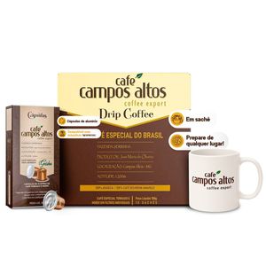 Kit Café Campos Altos – Drip Coffee - Cápsulas e Caneca Personalizada